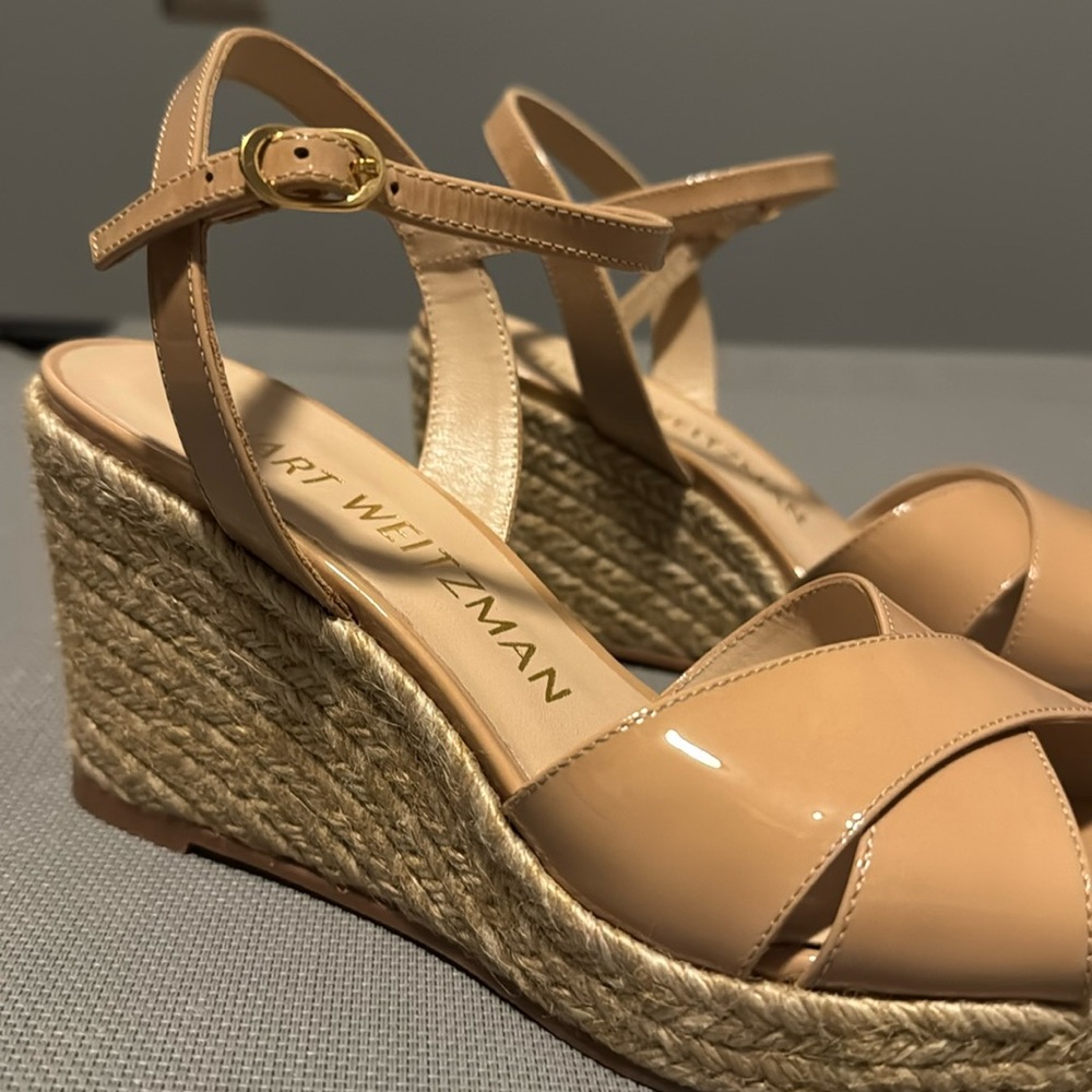 Stuart Weitzman Rosemarie Patent Leather Platform Espadrille Wedge Sandals, new